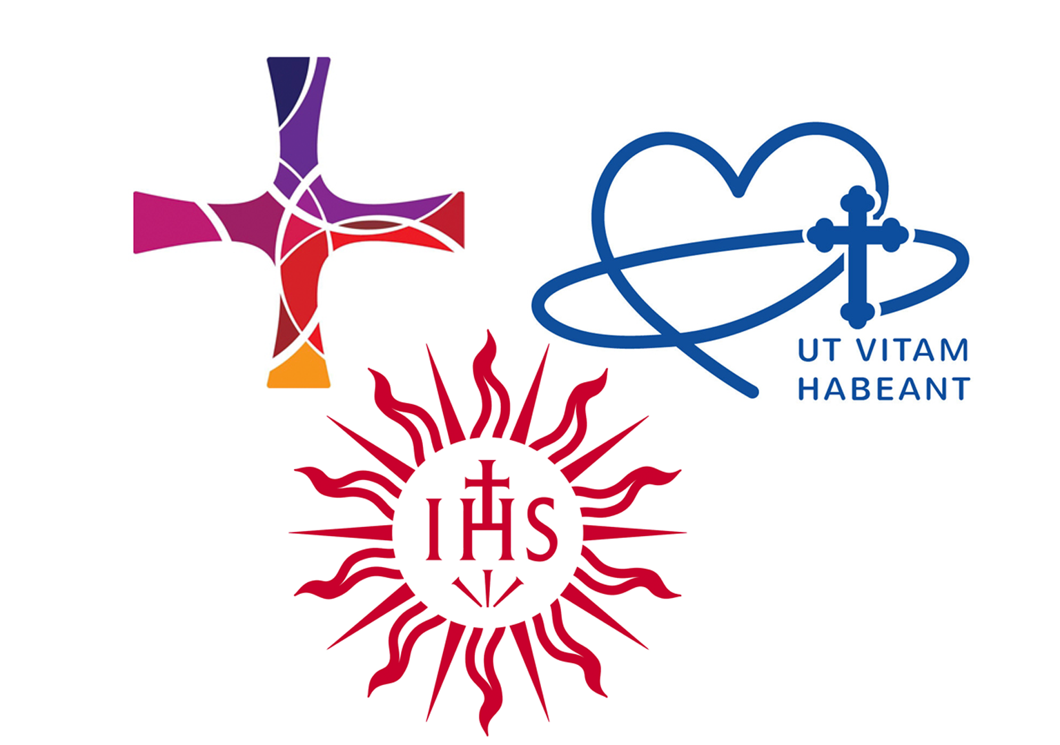 The three logos of the Sisters of St. Joseph of Orange, the Religious of the Sacred Heart of Mary, and the Jesuits